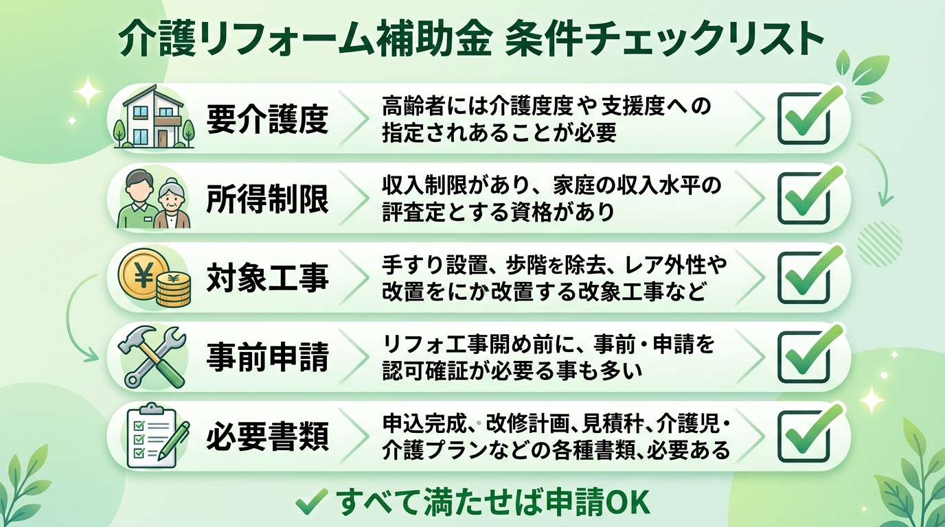 介護リフォーム 補助金の条件2026｜要介護度・所得制限・対象工事を一覧表でセルフチェック