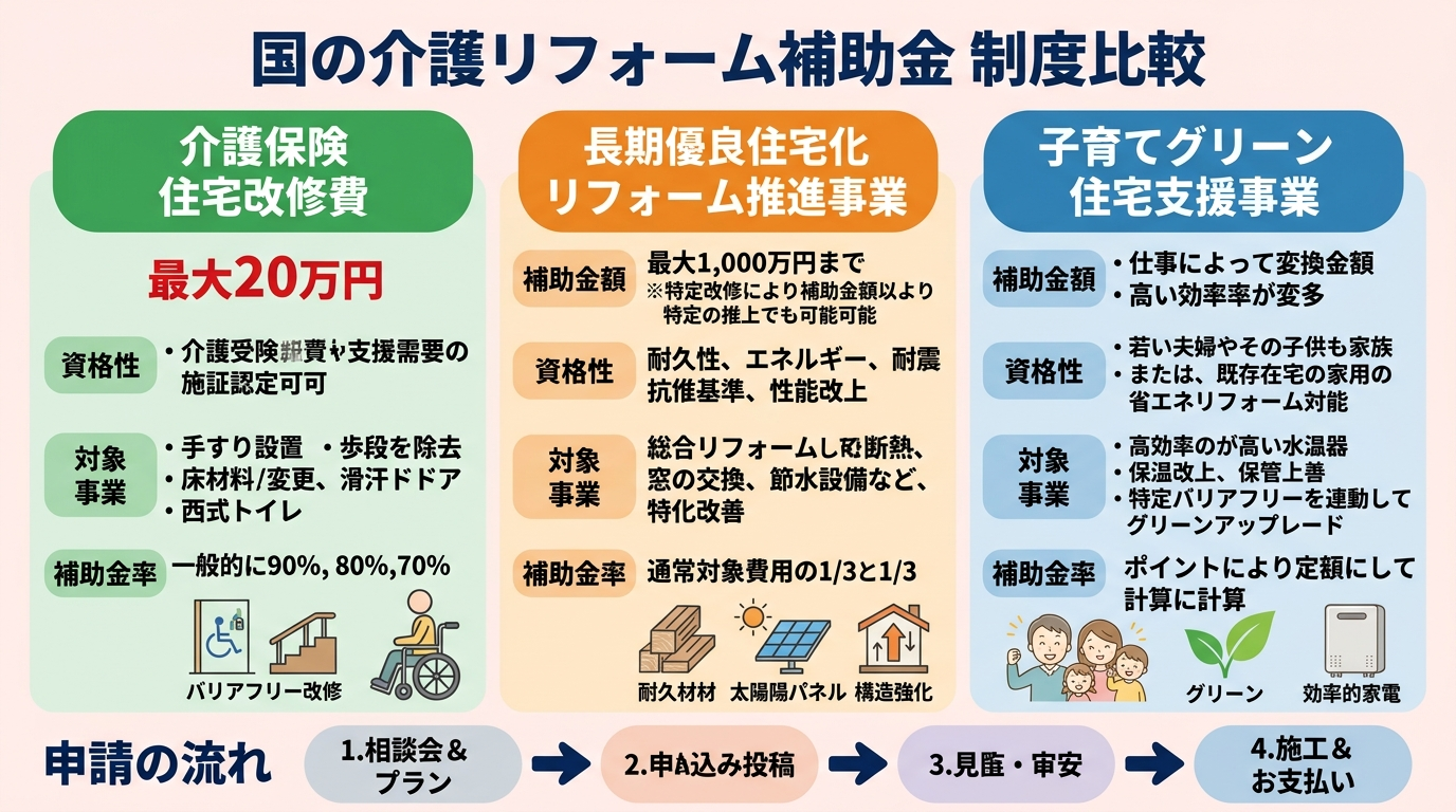 介護リフォーム補助金は国からいくらもらえる？2026年版｜制度別の支給額・対象工事・申請先を徹底比較