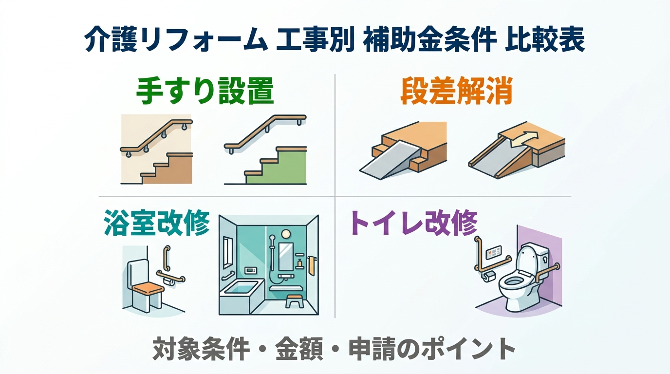 介護リフォーム 補助金の対象工事一覧2026|手すり・段差・浴室・トイレで条件はどう違う?工事別の金額と申請のコツ