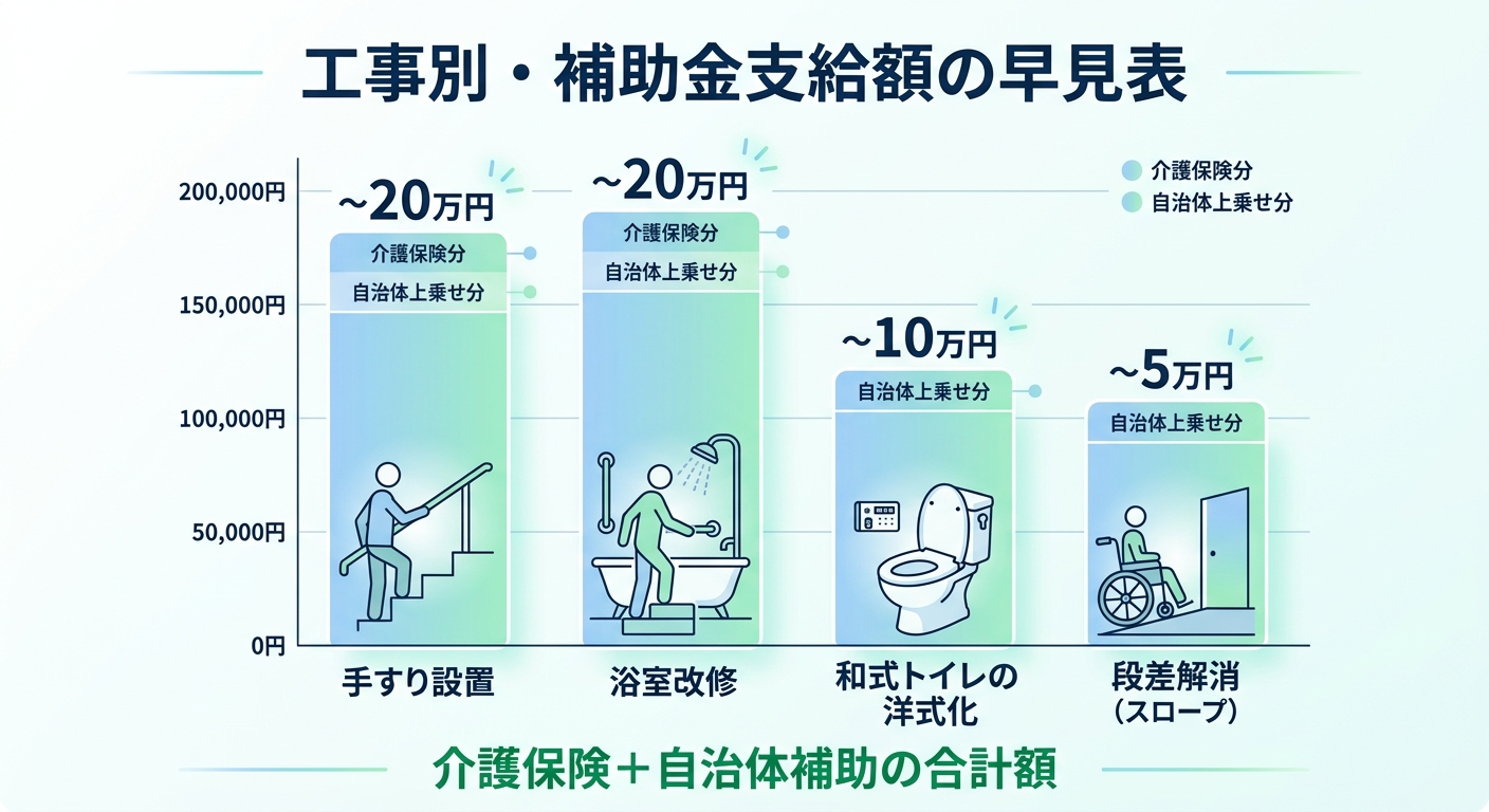 介護リフォーム 補助金はいくらもらえる？2026年版｜工事別の支給額早見表と自己負担シミュレーション