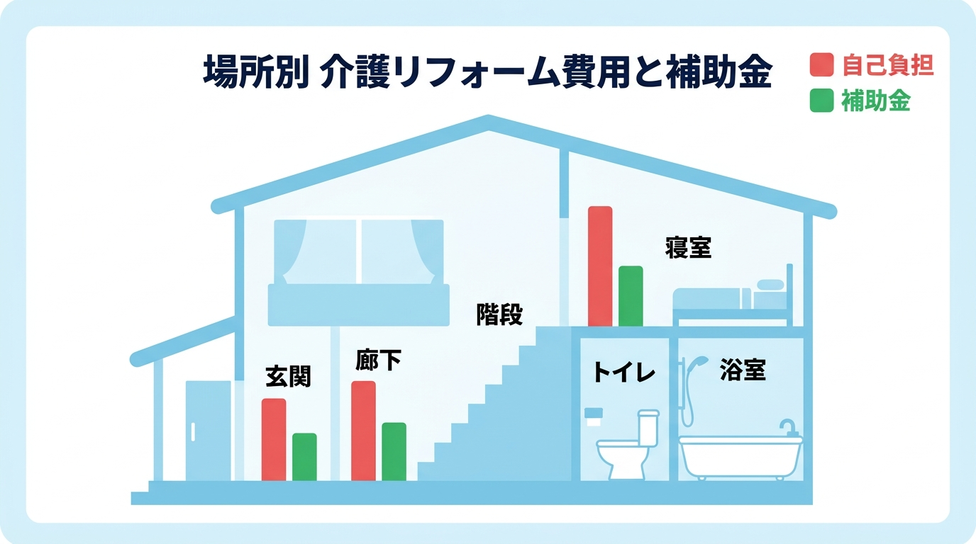 介護リフォーム 補助金の対象工事と費用目安2026|玄関・廊下・階段など場所別に補助額と自己負担をシミュレーション
