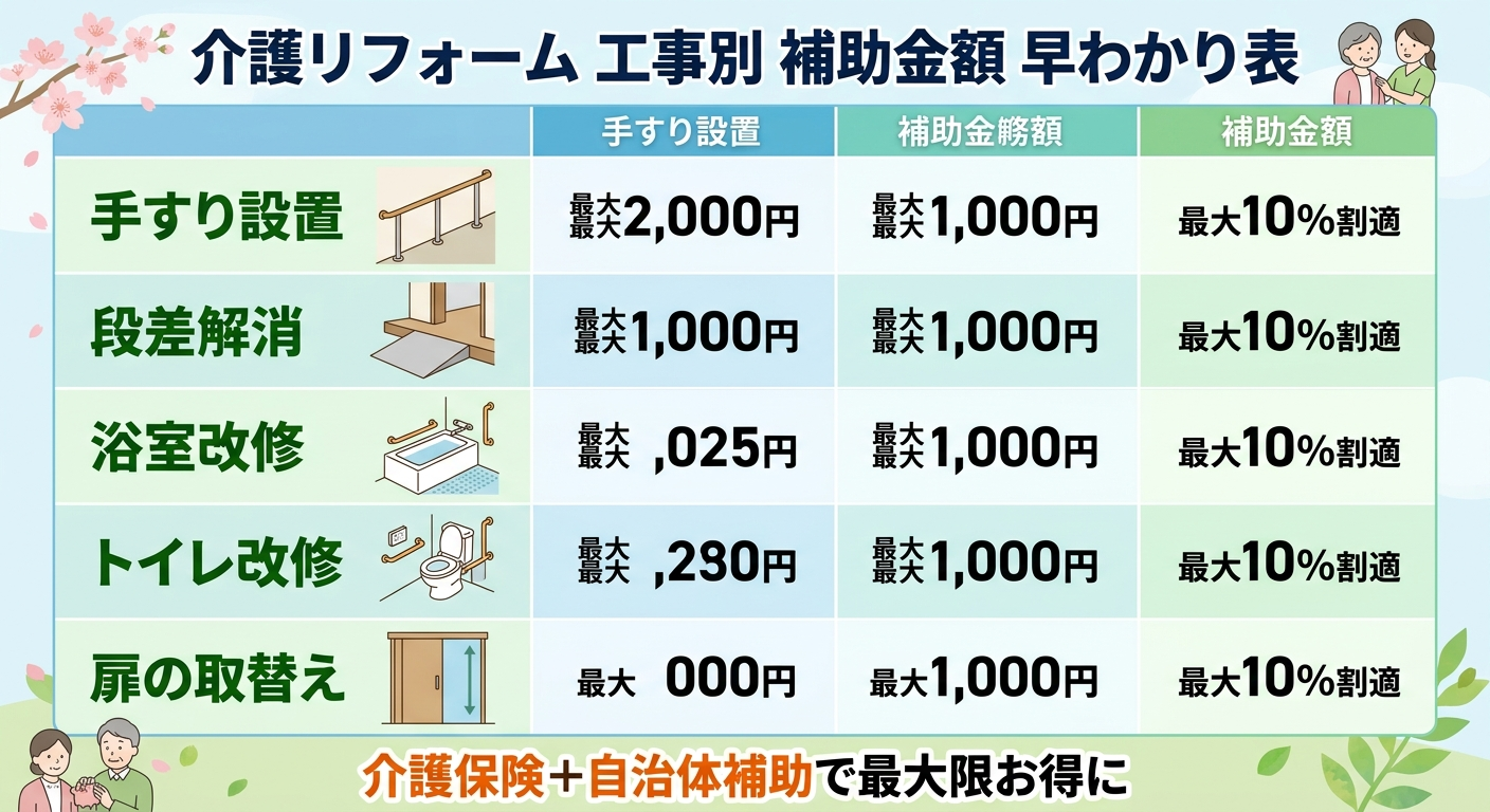 介護リフォーム 補助金の対象工事一覧2026｜手すり・段差・浴室・トイレ別に金額・条件・申請先を完全整理