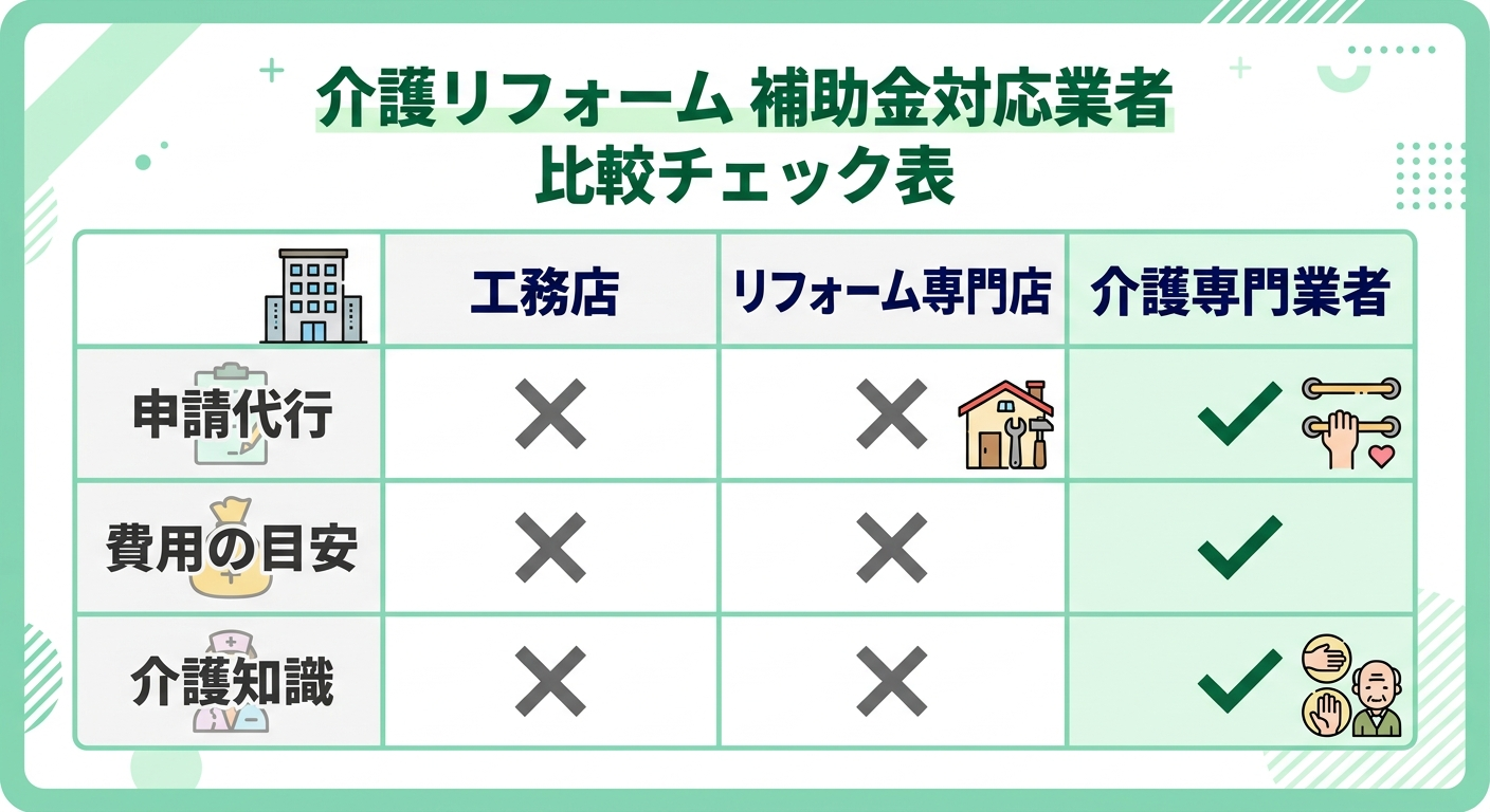 介護リフォーム 補助金 業者の選び方2026｜申請代行・見積もり対応のおすすめ業者を見極める方法と費用比較