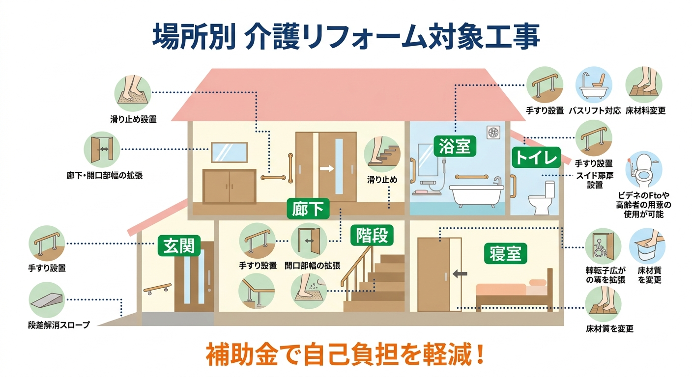 介護リフォーム 補助金の対象工事一覧2026｜玄関・廊下・階段など場所別に使える制度と申請のコツ
