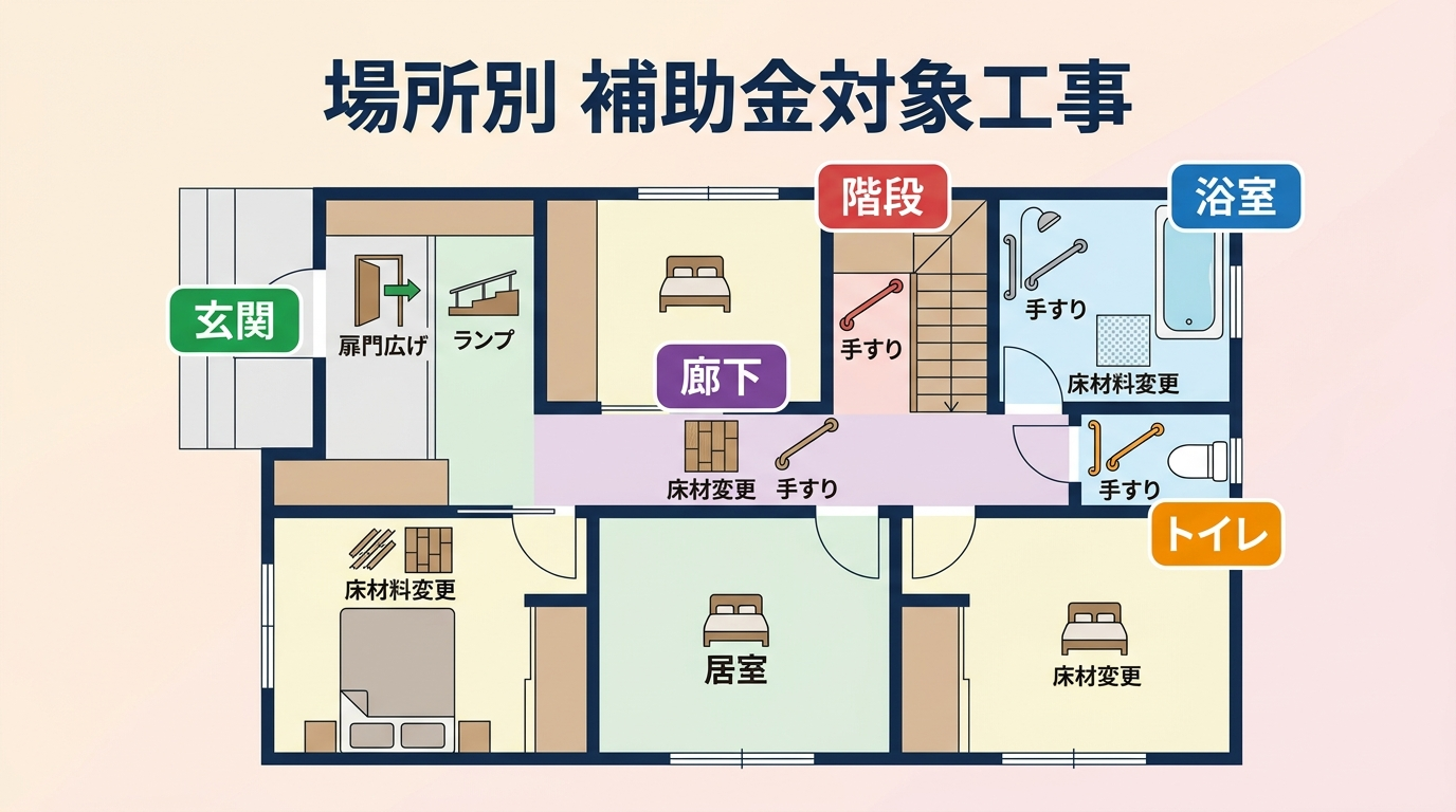 介護リフォーム 補助金の対象工事一覧2026｜玄関・廊下・階段など場所別に申請できる工事と金額を徹底解説